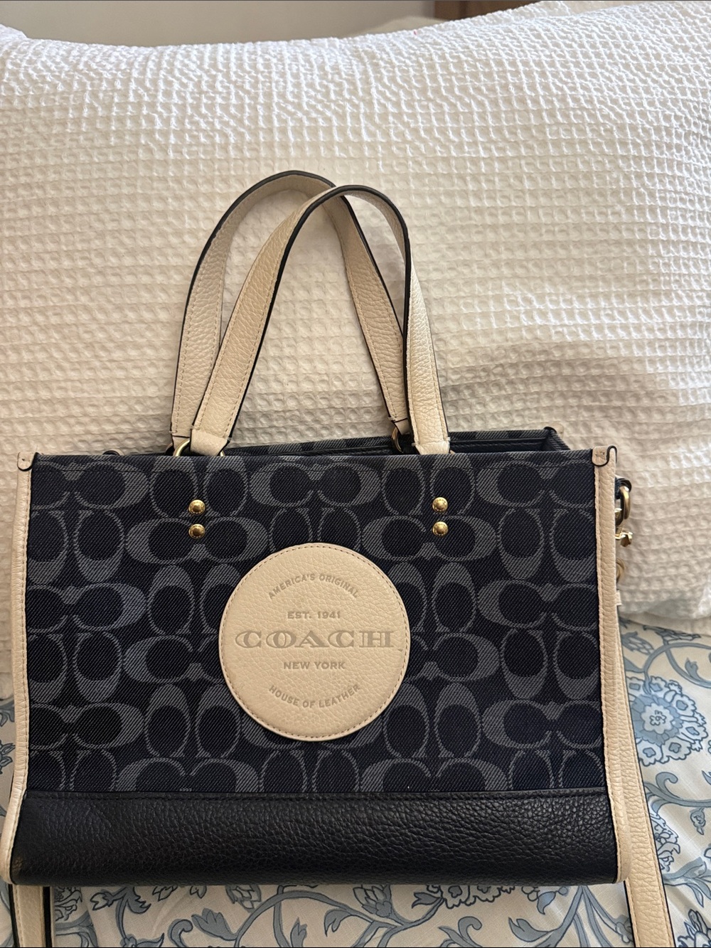 COACH DEMPSEY TOTE DENIMSignatureJACQUARDTote with Cream Trim and Tan Accents